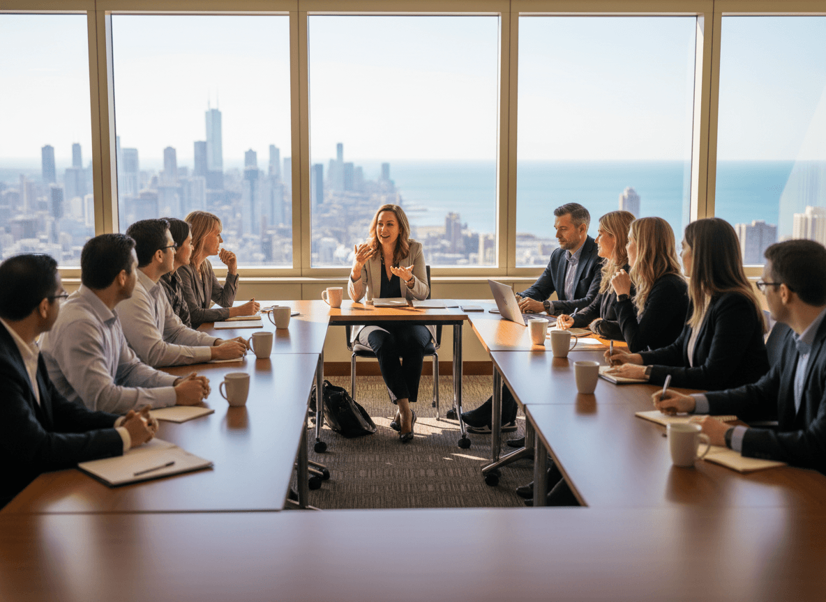 About a dozen association staff sit around a conference table high above the Chicago skyline and Lake Michigan, mid-discussion, with coffee mugs and notepads on the table