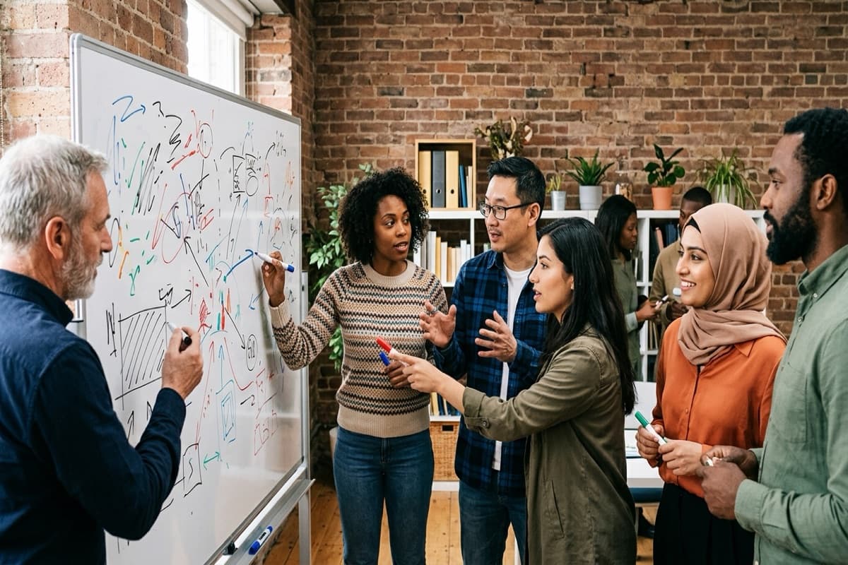 A group gathered around a marker-covered whiteboard in a brick-walled office, one person drawing a diagram