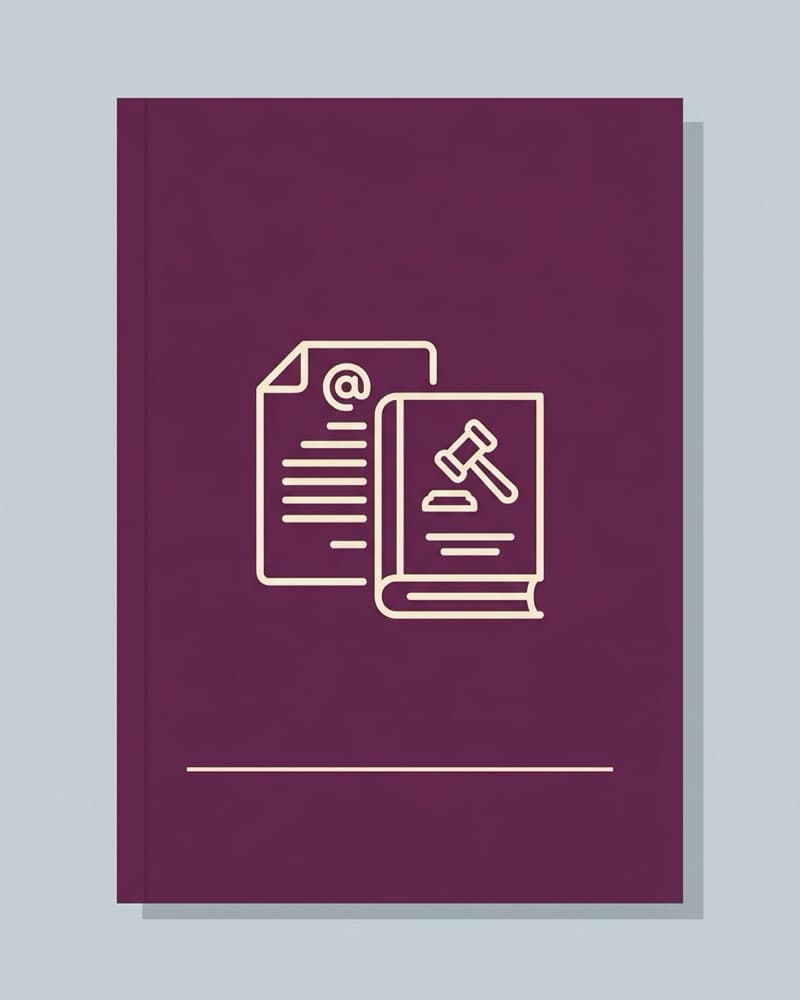 A plum book cover with a cream line-art icon of an emailed letter beside a law book and gavel