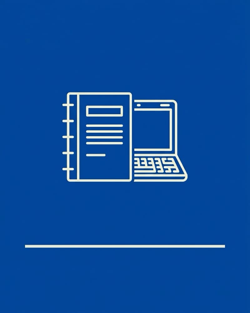 Line-icon cover art in white on a deep blue background: a spiral-bound notebook beside an open laptop, with a rule beneath