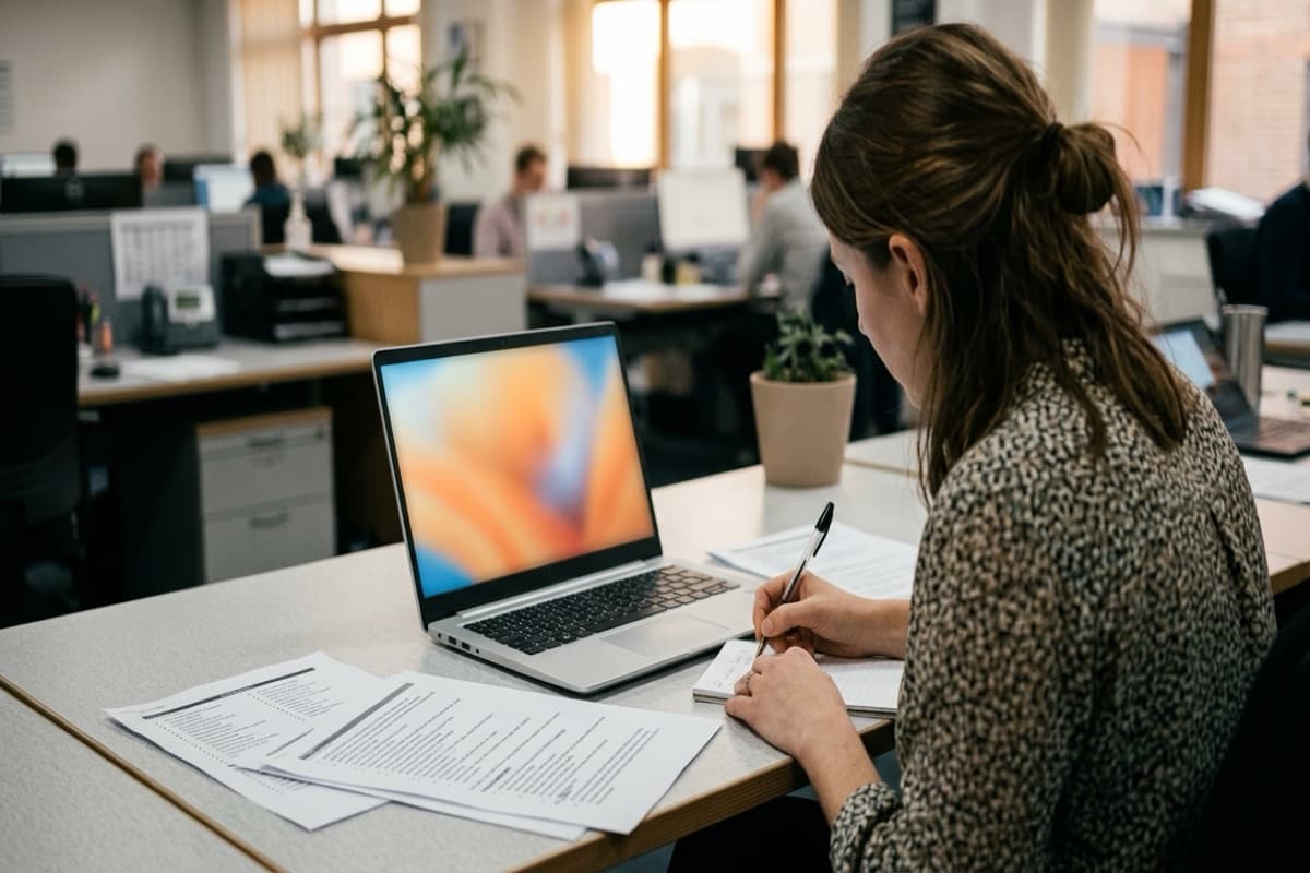 A woman writing in a notebook beside an open laptop at a desk in a busy open-plan office