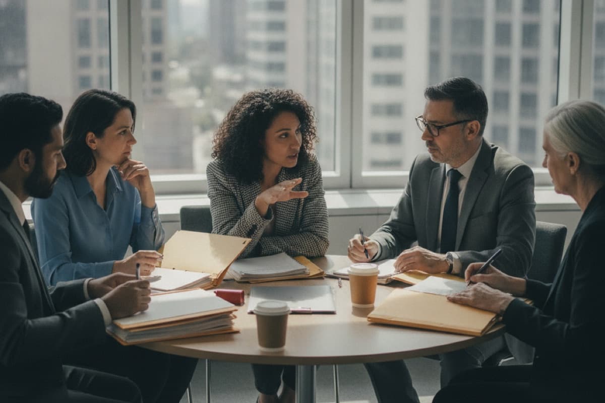 Five colleagues around a round table with folders and coffee cups, one woman gesturing while speaking