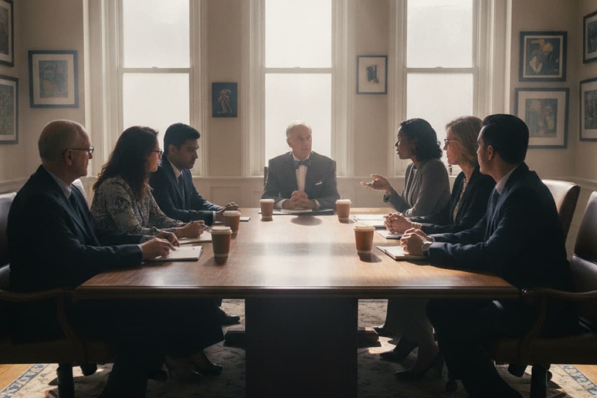 Six board members around a polished table in a wood-paneled room hung with framed art, an older man in a bow tie at the head speaking