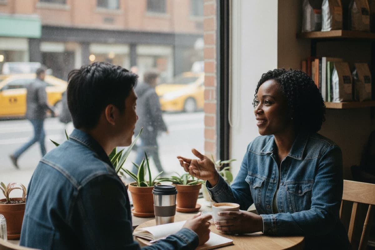 Two colleagues talking over coffee at a small café table by a window, a taxi passing on the street outside