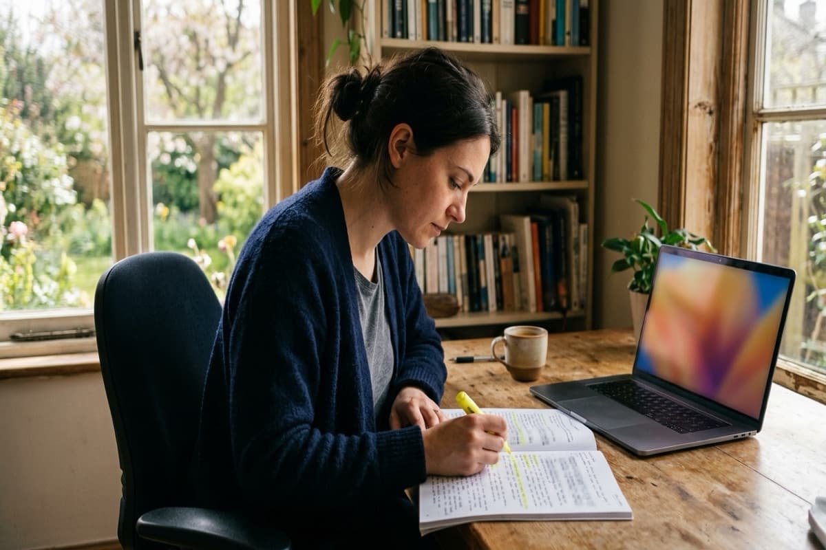 A woman marking up a highlighted study binder with a yellow highlighter at a desk, laptop open beside her, garden visible through the window