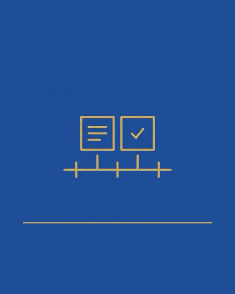 A royal blue cover with a gold line-art icon of a document and a checkmark box above a marked timeline