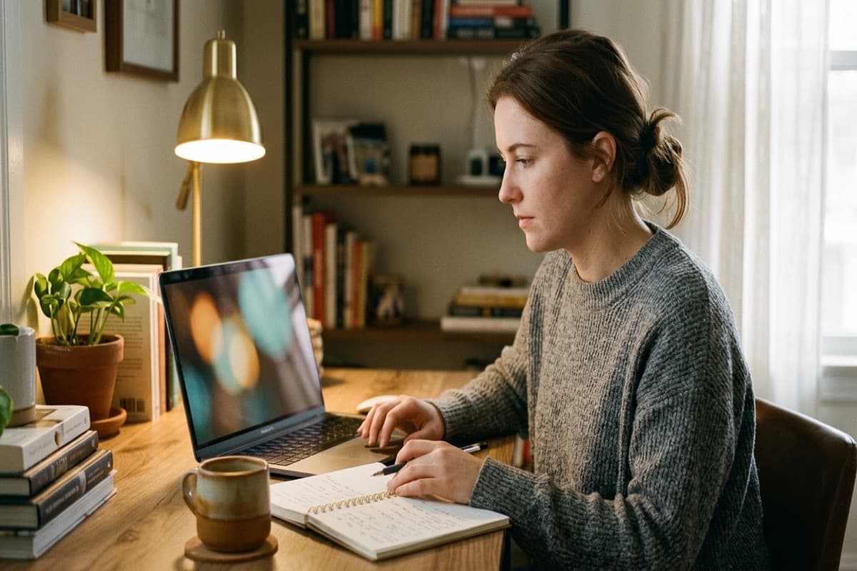 A woman writing in a notebook beside an open laptop at a home desk with a coffee mug and a desk lamp