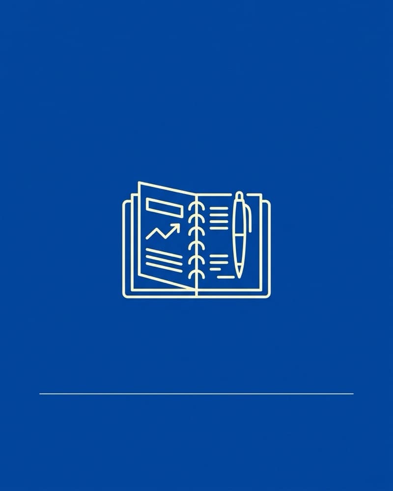 Line-icon cover art in cream on a blue background: an open notebook with a growth-arrow chart, ruled lines and a pen beside it