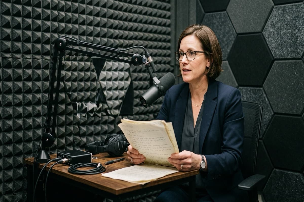 A woman in a blazer speaking into a boom microphone in a soundproofed studio