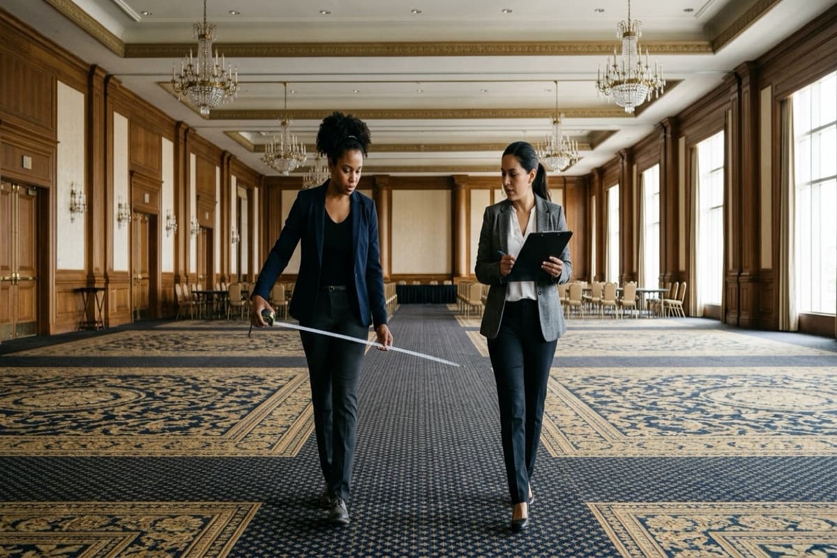 Two women walking an empty chandeliered hotel ballroom