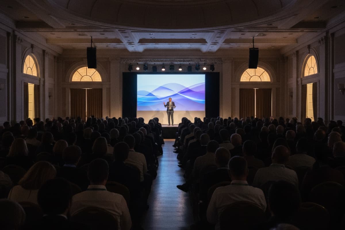 Wide shot of a full domed ballroom from the back, rows of silhouetted attendees facing a lit stage where a man speaks at a lectern