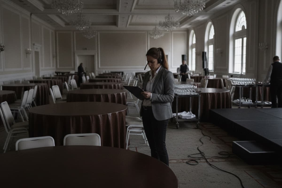 An empty chandeliered ballroom set with linened round tables, a woman with a headset reviewing a clipboard