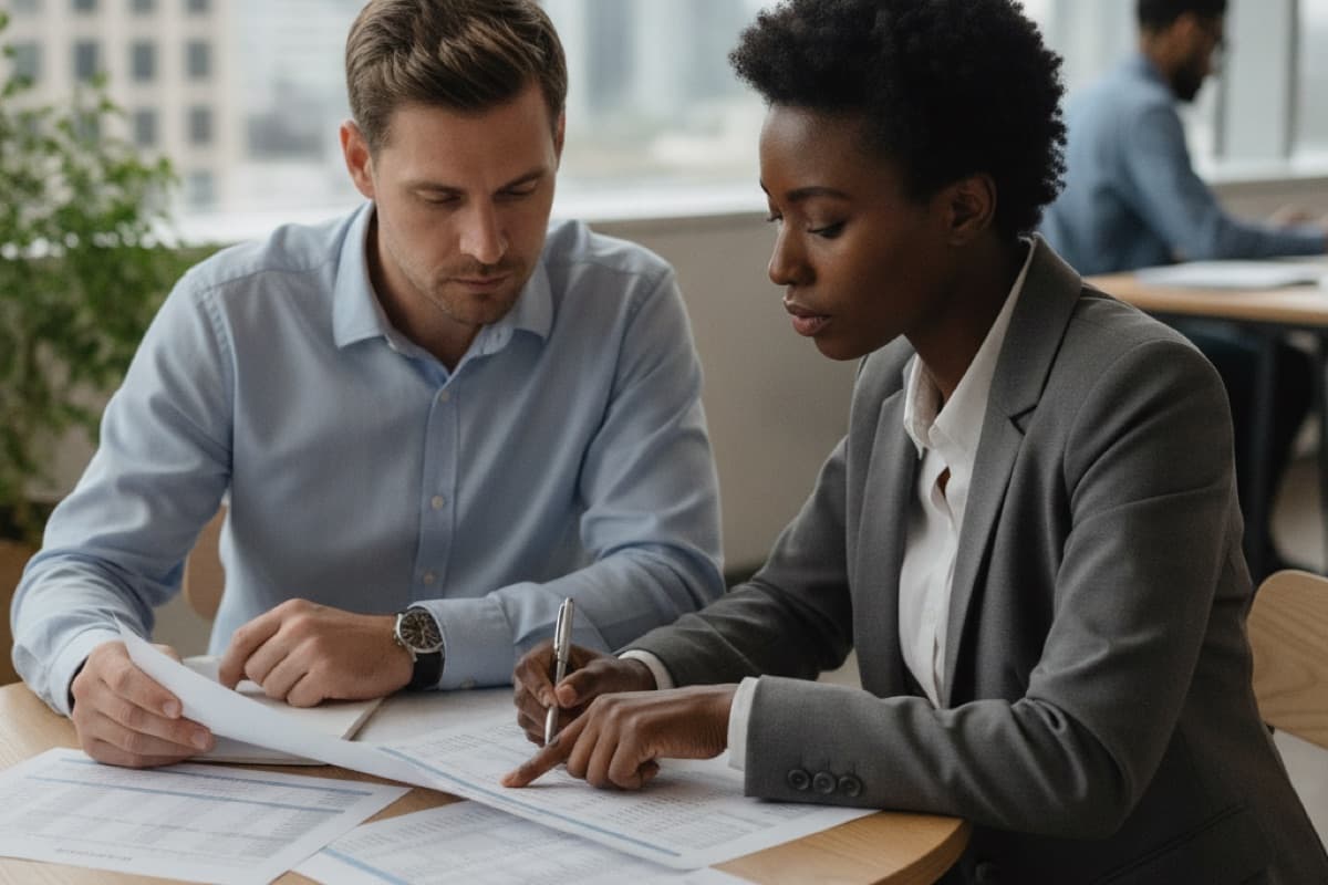 A man and a woman studying a printed spreadsheet of salary figures together at a desk in an open-plan office
