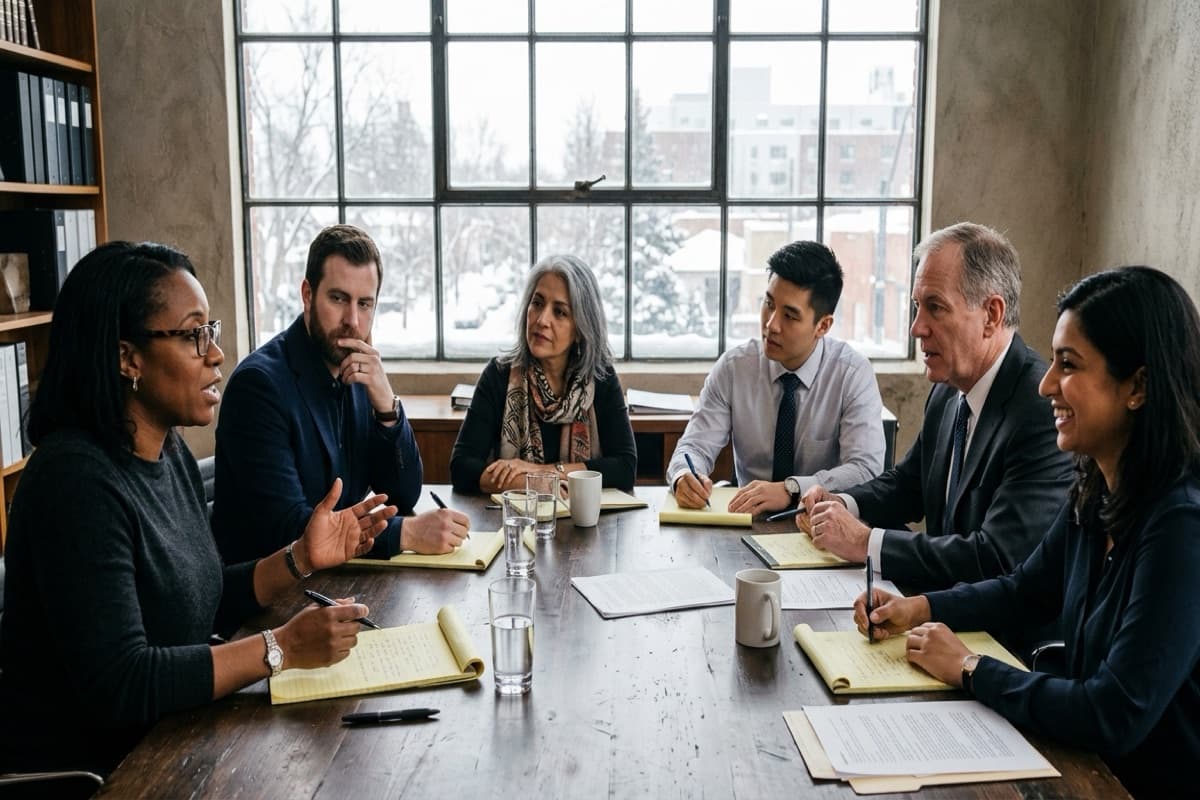 Six colleagues around a wooden table with legal pads and coffee mugs, mid-discussion, with a snowy street visible through the window