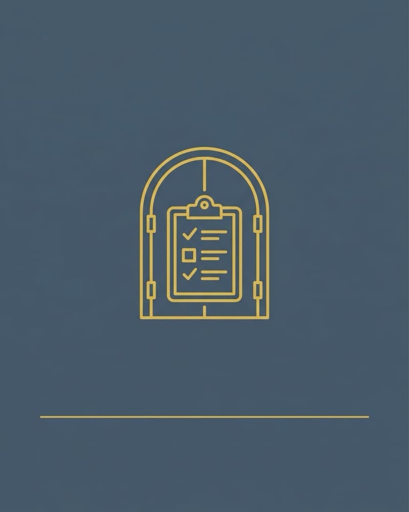 A slate-blue cover with a gold line-art icon of an arched doorway framing a checklist clipboard