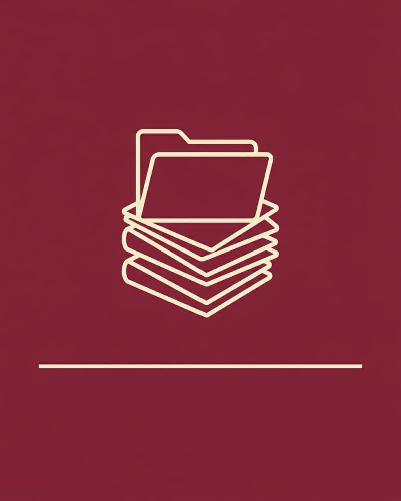 A dark red cover with a cream line-art icon of an open folder resting on a stack of papers