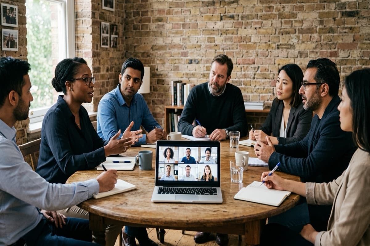 Seven colleagues talking around a wooden table in a brick-walled room, with a laptop open to a video call of six remote participants