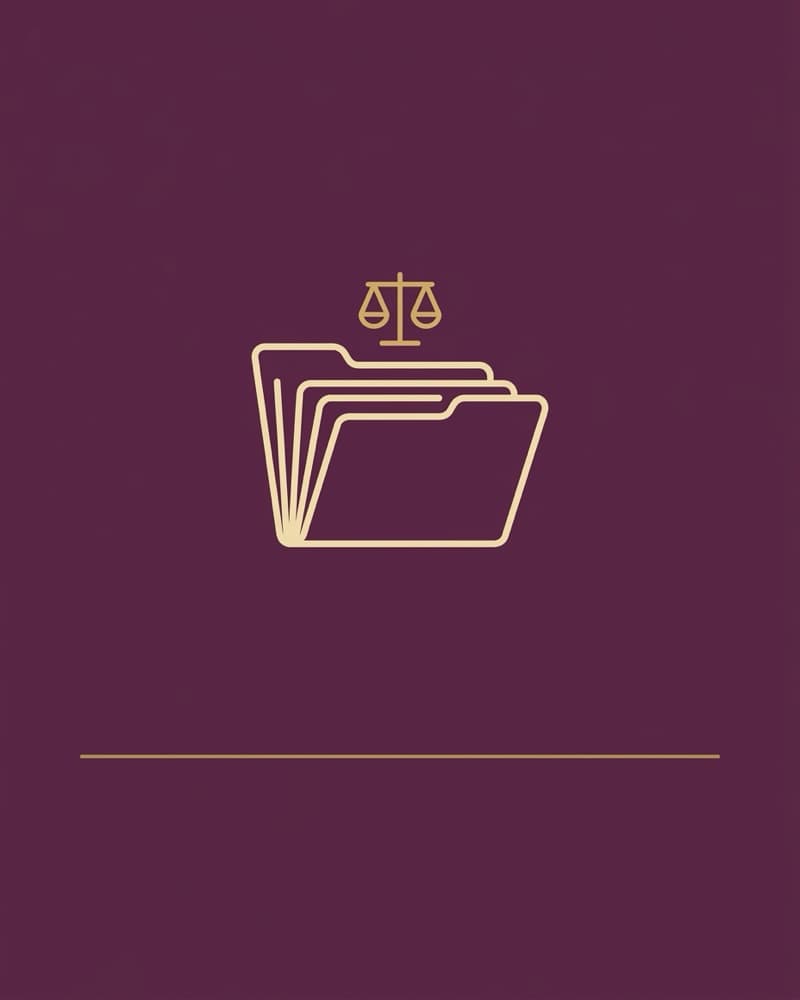 Line-icon cover art in gold on a plum background: a set of accordion file folders beneath a small balance scale