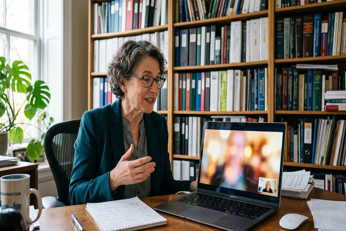 A woman on a video call at a desk, with shelves of binders and law books and a potted plant behind her