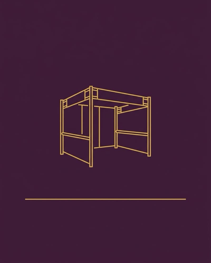 Line-icon cover art in gold on a plum background: an unbranded exhibit-hall booth frame being assembled