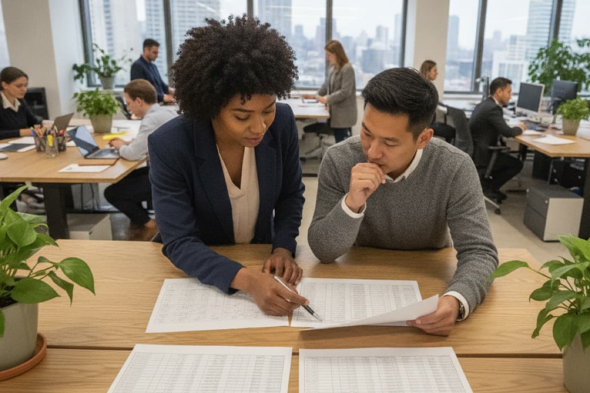 A woman and a man reviewing printed compensation tables together at a standing desk in a busy open-plan office