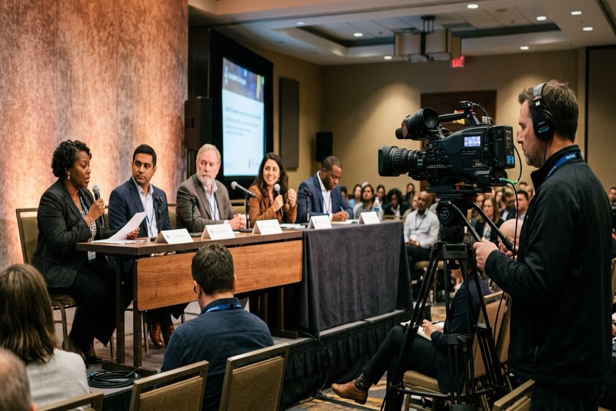 A five-person panel at a table with microphones in front of a screen
