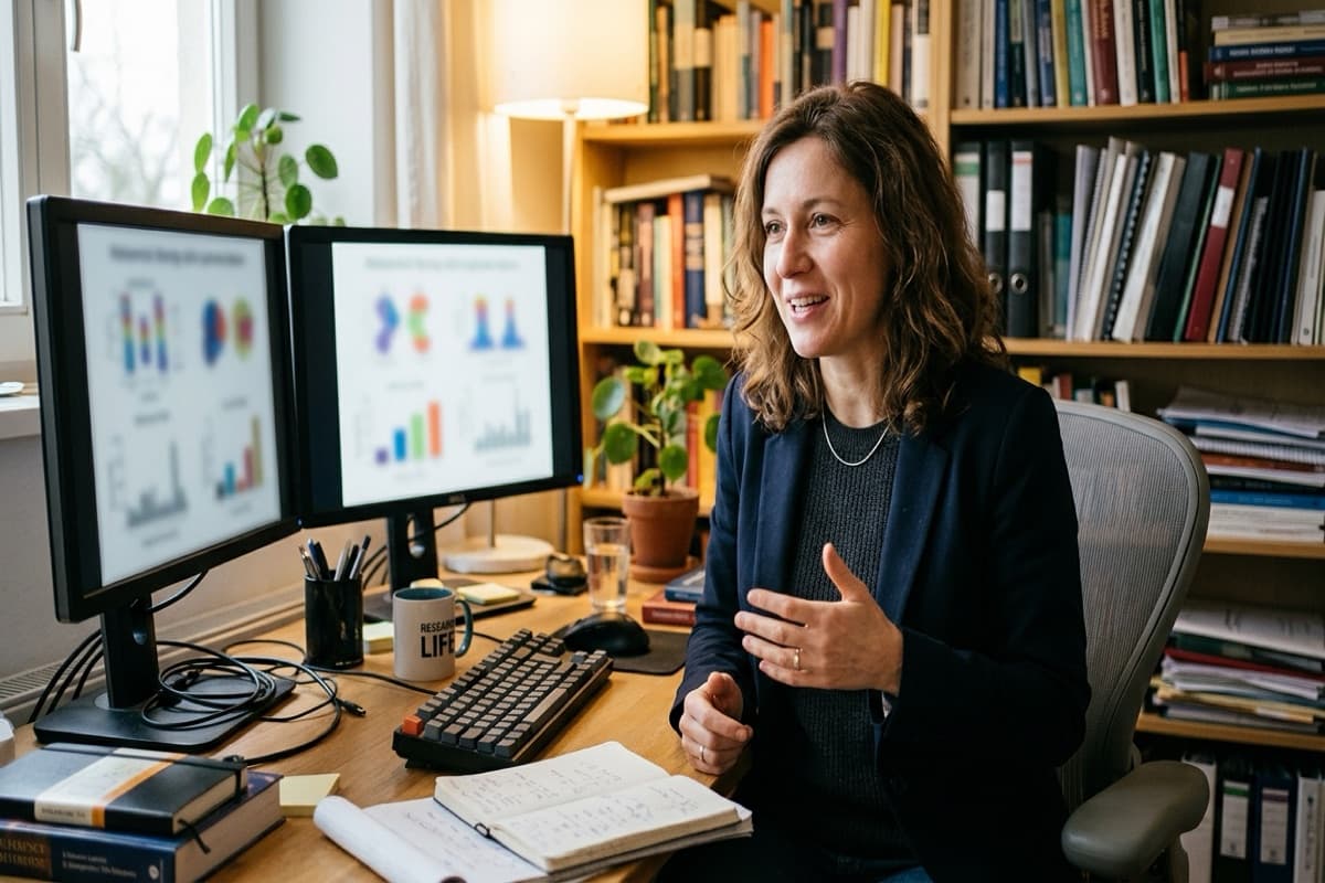 A woman speaking at a home-office desk with two monitors displaying bar and pie charts, bookshelves behind her
