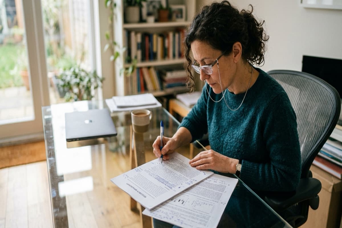 A woman wearing glasses on a chain reviewing and annotating a printed document with a pen at a glass desk in a home office