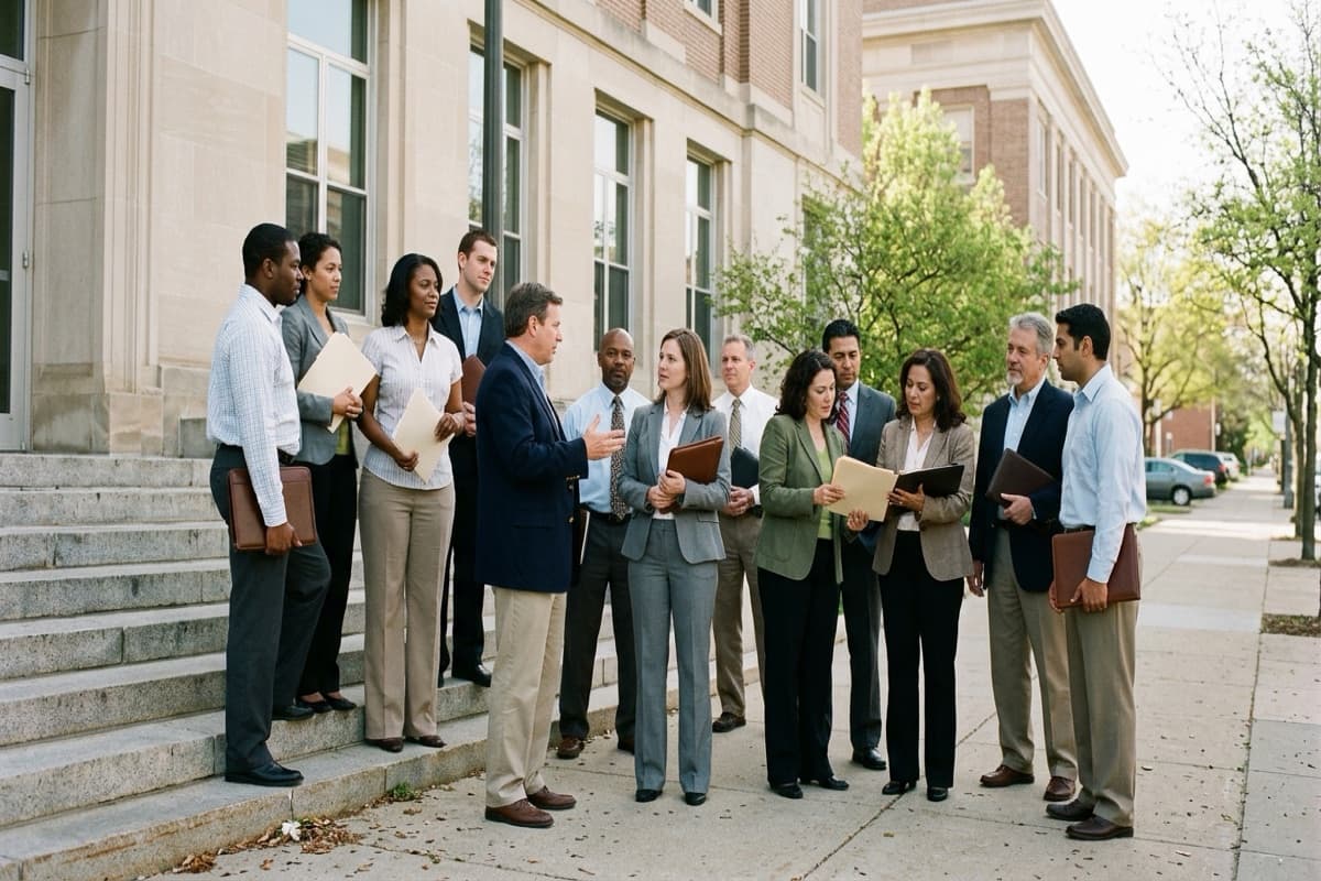 A dozen people in business attire gathered on the steps of a stone government building holding folders and portfolios on a spring morning