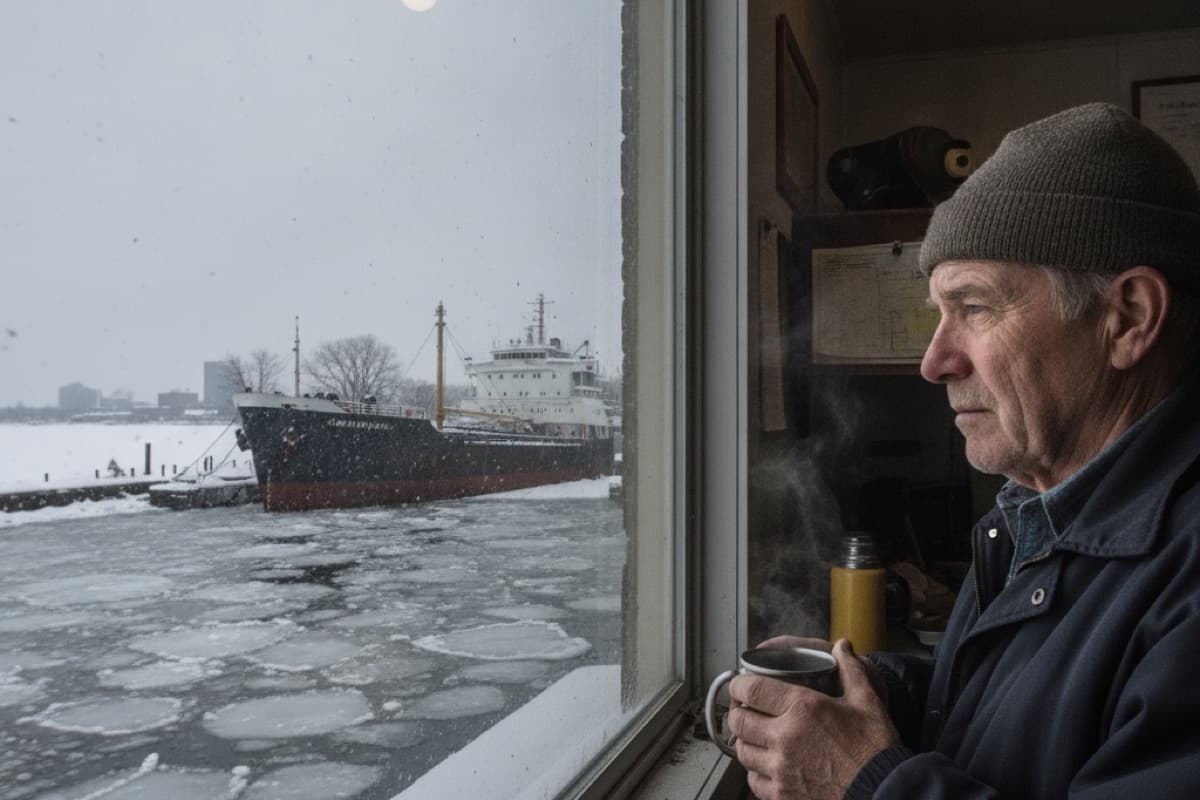 An older man holding a steaming mug, looking out an office window at a freighter moored in icy water during a snowfall