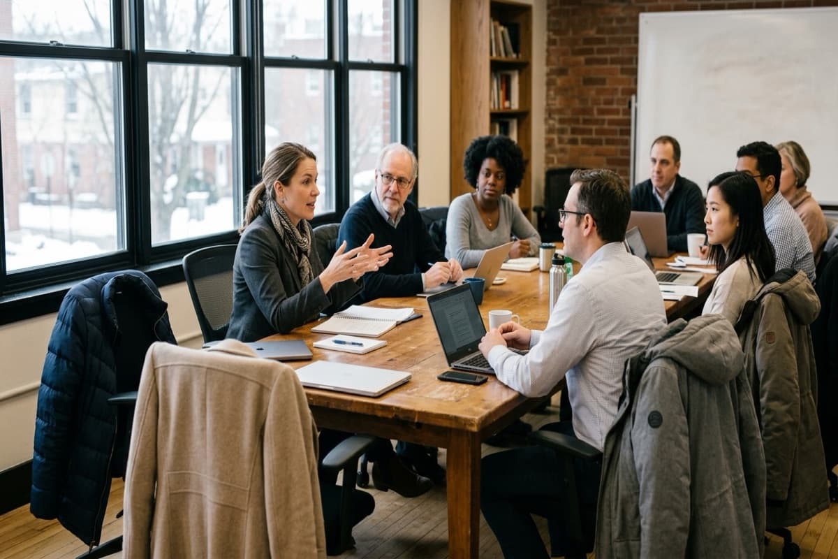 A woman gesturing while leading a discussion around a table of laptops