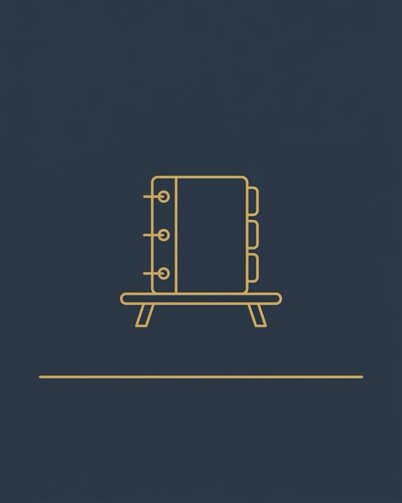 Line-icon cover art in gold on a navy-blue background: a three-ring tabbed binder standing on a low table
