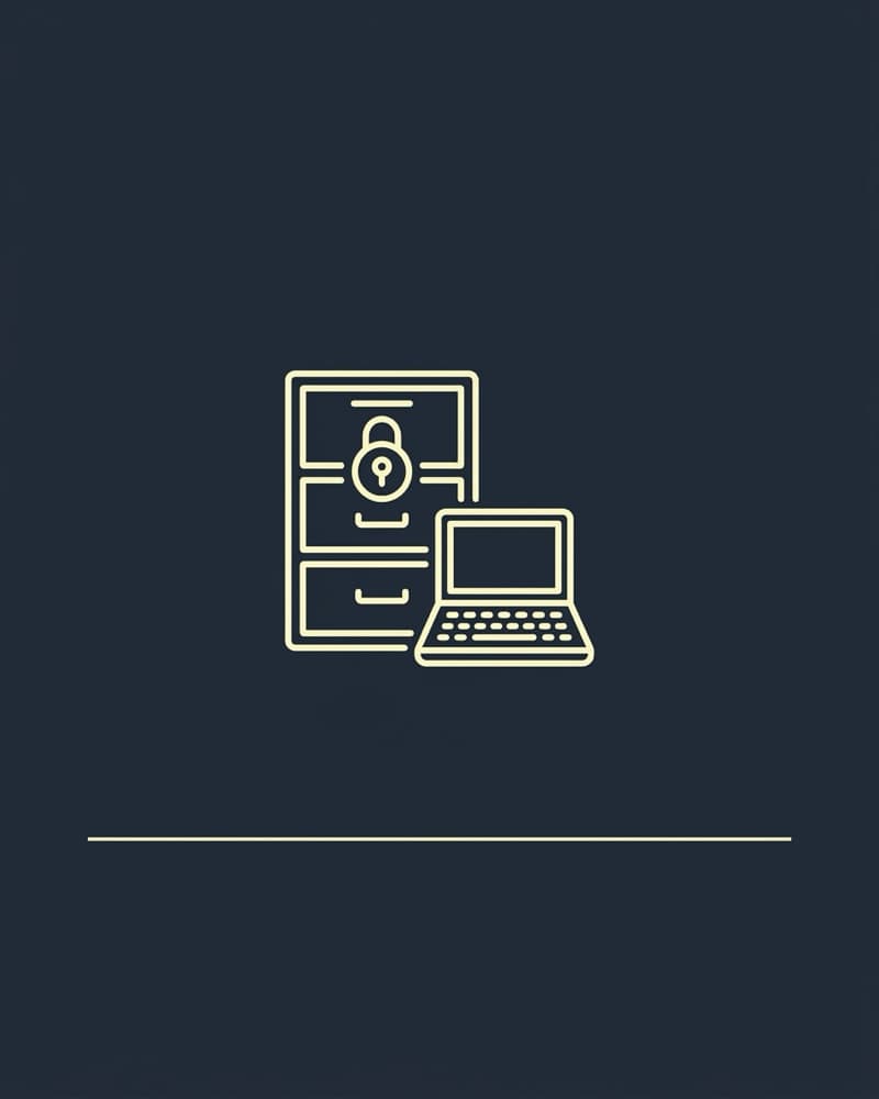 Line-icon cover art in cream on a dark navy background: a locked filing cabinet beside an open laptop