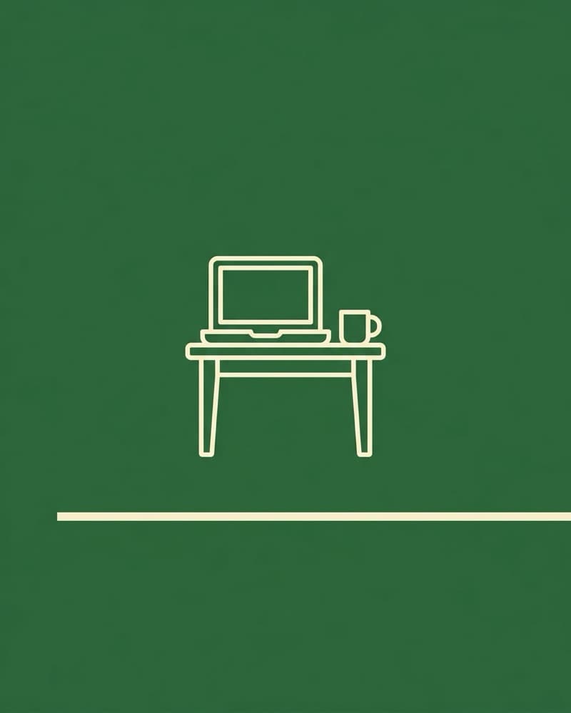 Line-icon cover art in cream on a green background: a laptop and a mug on a small desk