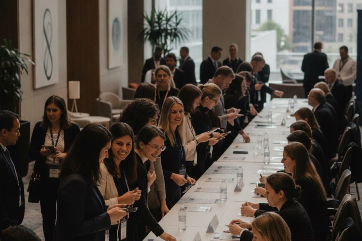 A long line of attendees checking phones and name cards at a registration table in a hotel conference foyer