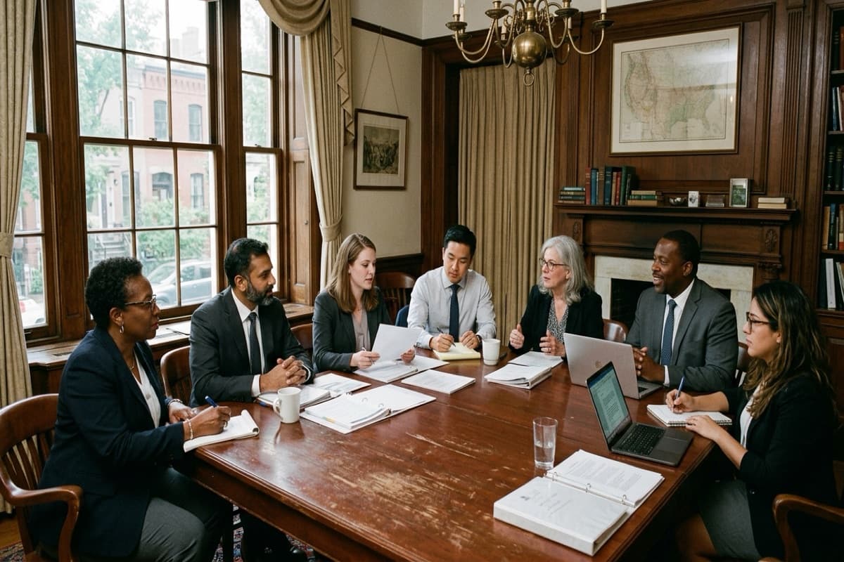 Seven colleagues with papers and laptops around a wooden table in a wood-paneled room with a fireplace and a framed map on the wall