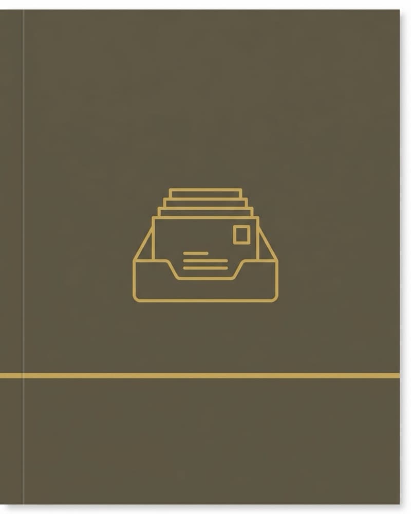 Line-icon cover art in gold on an olive-brown background: a stack of envelopes in an inbox tray, with a rule beneath