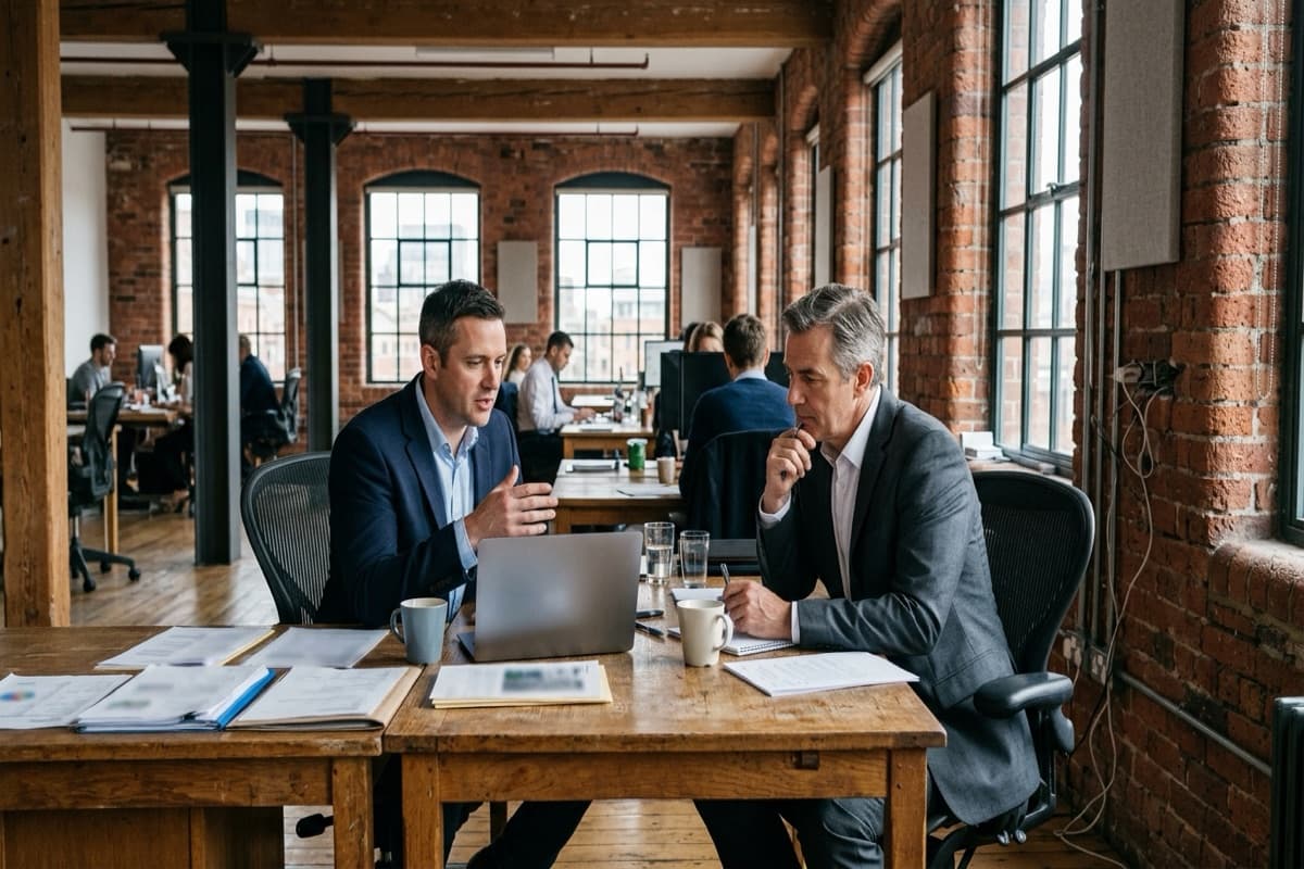 Two men in conversation at a shared table with a laptop