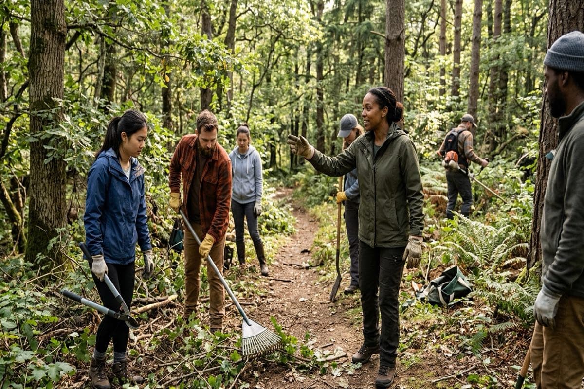 A group of volunteers in work gloves clearing a wooded trail with rakes and loppers while a leader gestures with instructions