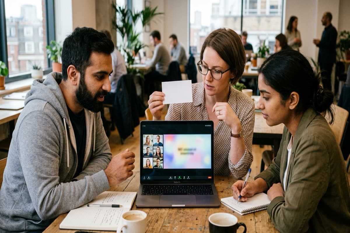 Three colleagues at a table with a laptop open to a video call grid, one holding up a blank flashcard