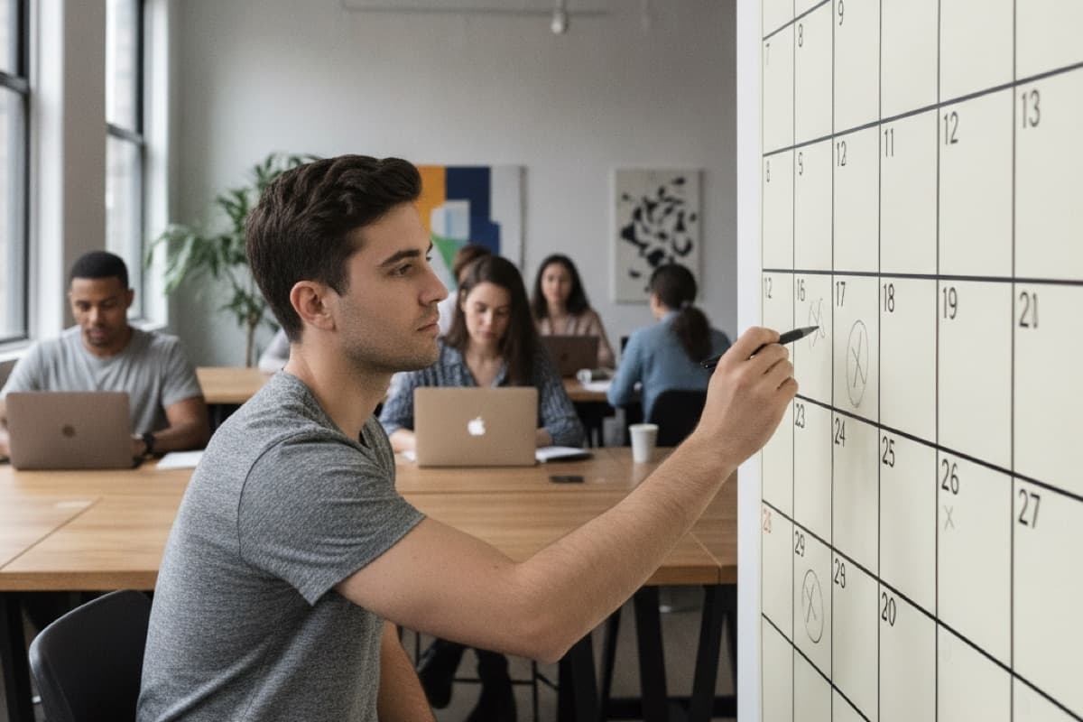 A man marking dates on a large wall calendar with a pen while colleagues work at laptops behind him in an open-plan office
