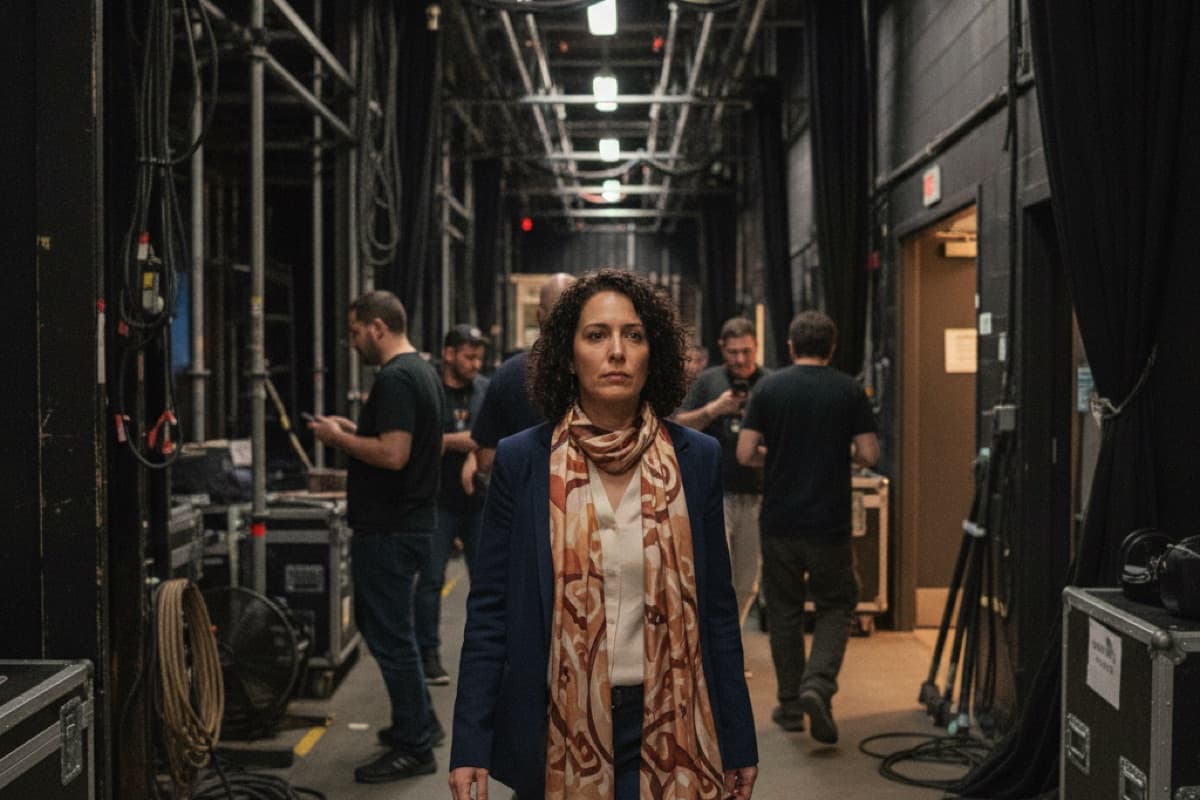 A woman in a patterned scarf walking down a backstage corridor lined with rigging and equipment cases, crew members behind her