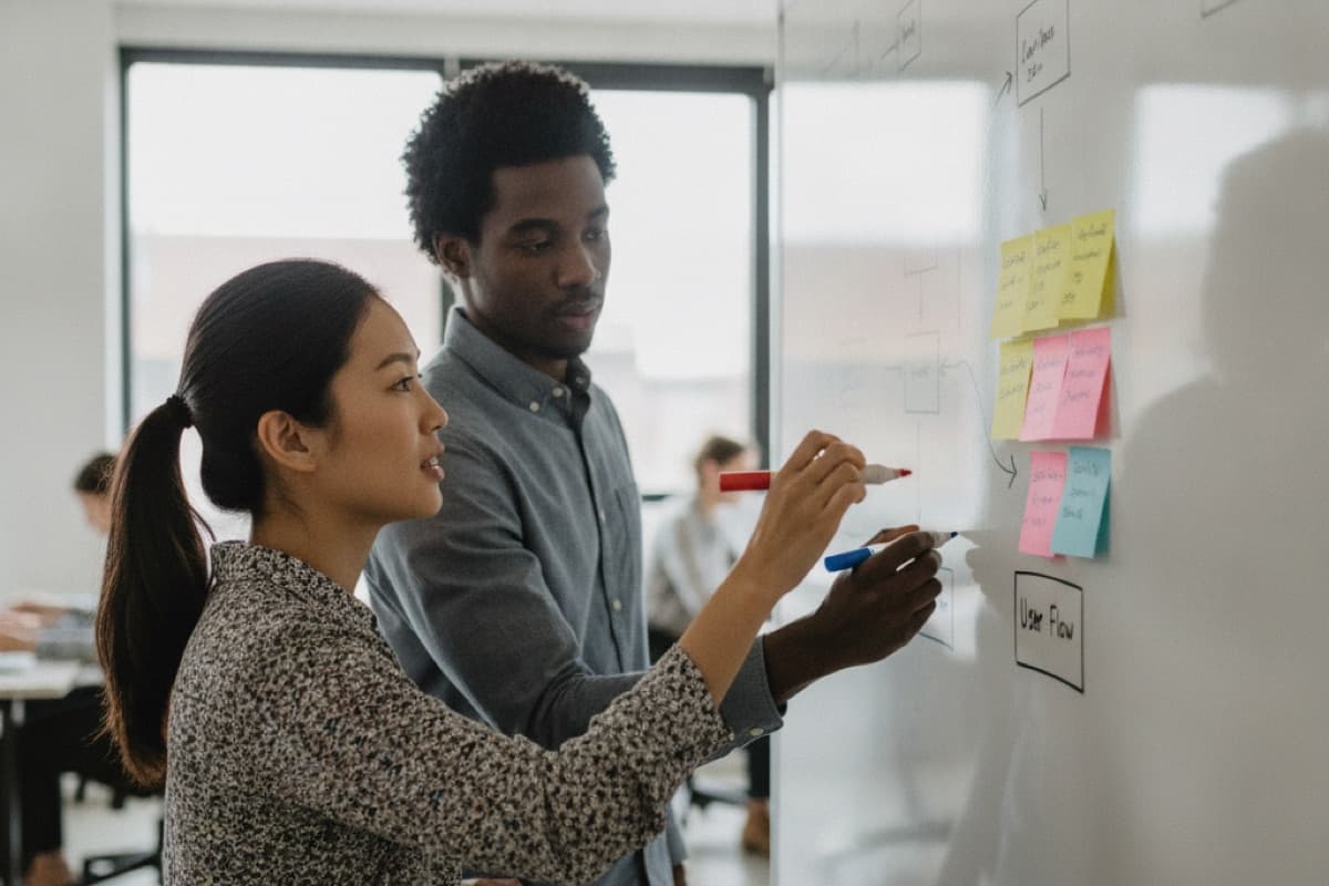 A woman and a man marking up a whiteboard flow diagram with colored sticky notes