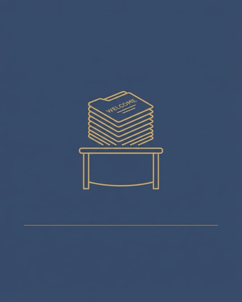 Gold line-icon cover art on a navy background: a stack of folders labeled 'Welcome' on a small table