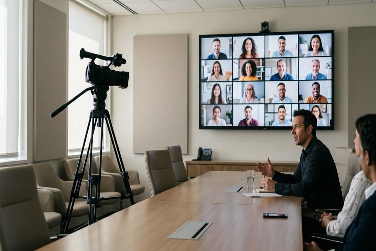 A conference room with a video camera on a tripod facing a large wall display of sixteen remote video-call participants