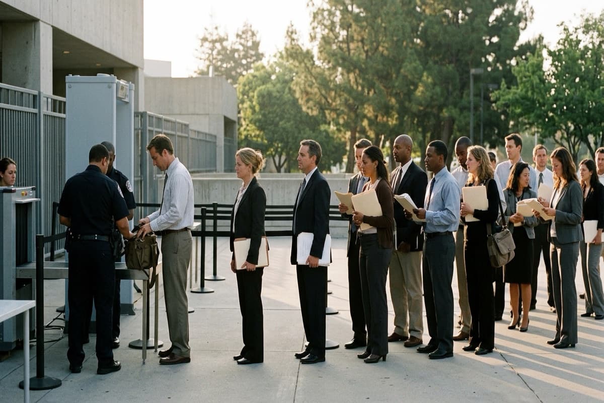 A line of people in business attire holding folders, waiting to pass through an outdoor security checkpoint in morning light