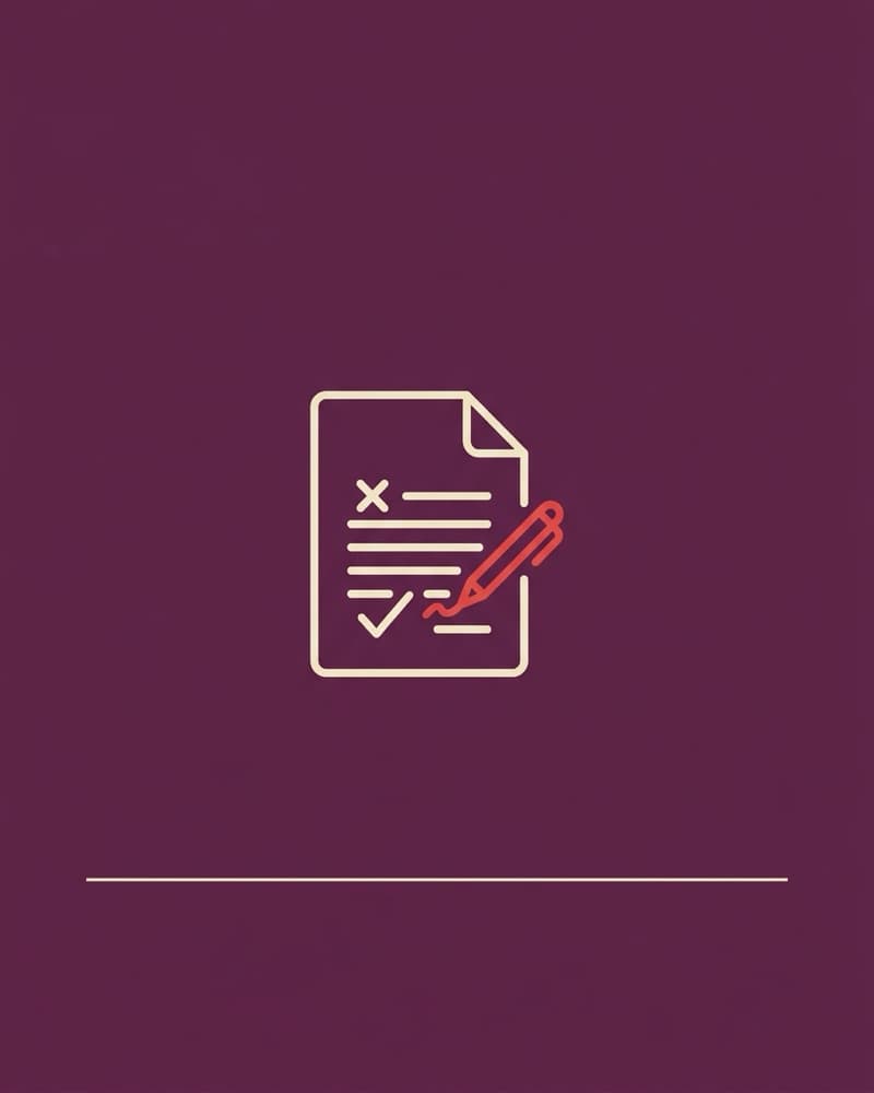 A dark plum cover with a cream line-art icon of a checklist document being signed with a red pen