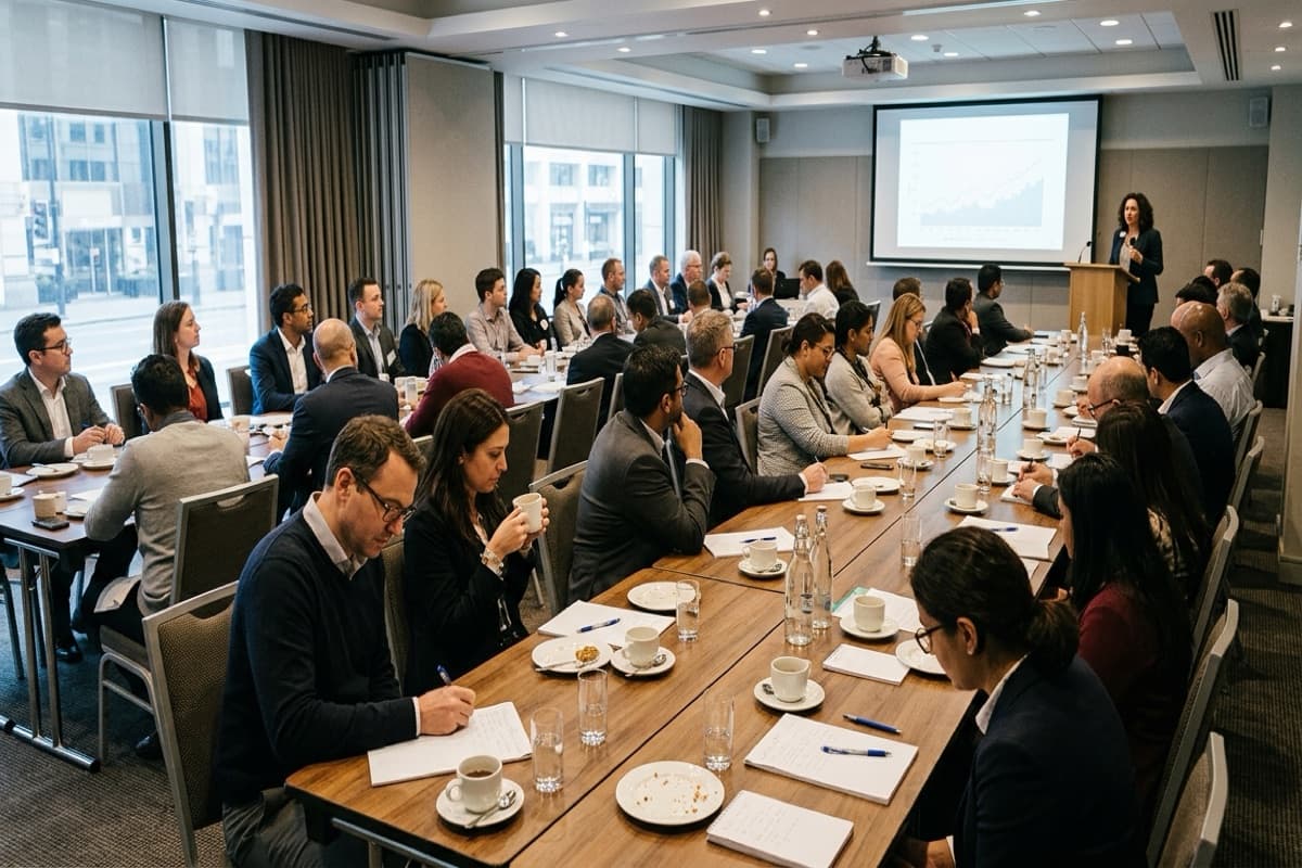 A conference room of attendees at long tables with coffee
