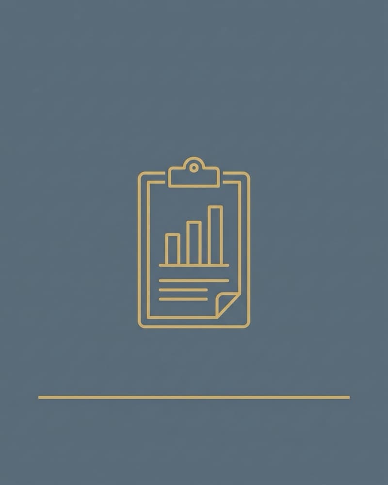 Line-icon cover art in gold on a slate-blue background: a clipboard holding a bar chart and a lined page