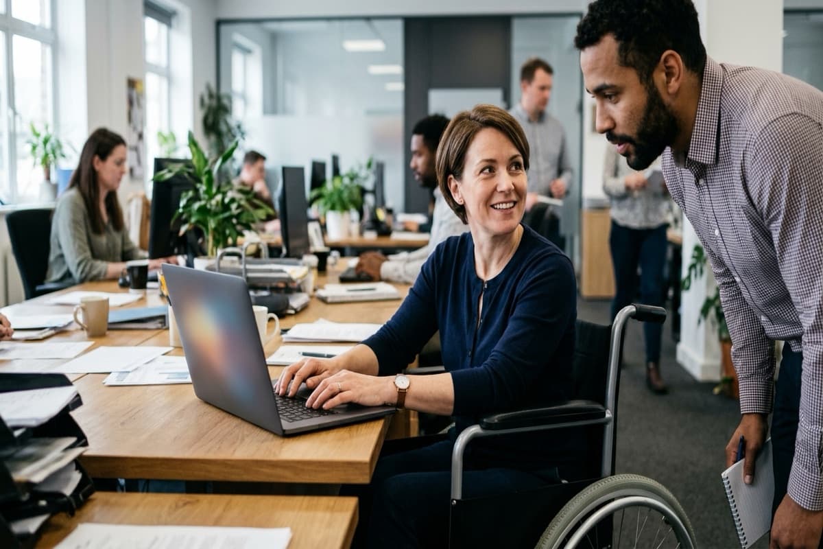 A woman using a wheelchair working at a laptop while a male colleague leans in to look at her screen in an open office